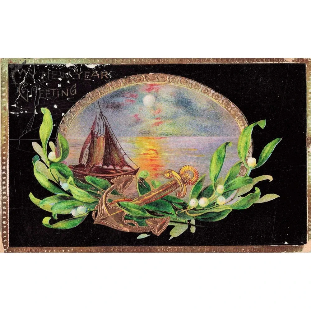 New Years Postcard Nautical Sailing Ship Anchor Mistletoe Embossed Antique c1913